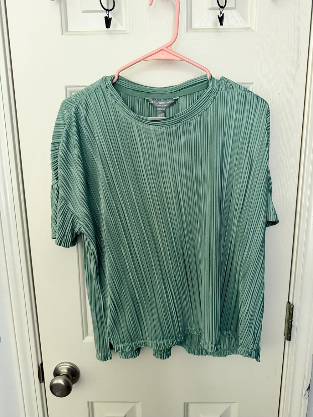 Andrew Marc Pleated Short Sleeve Top in Seafoam Green